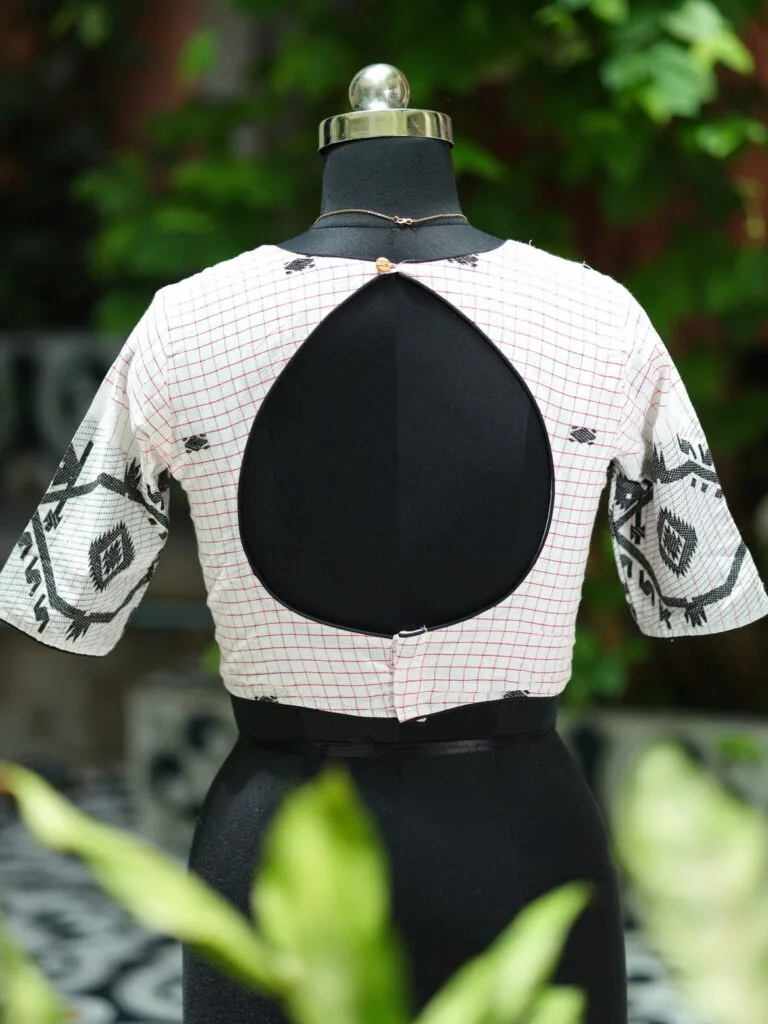 Jaharat jamdani – Blouse in white & black, back view | Tilattama