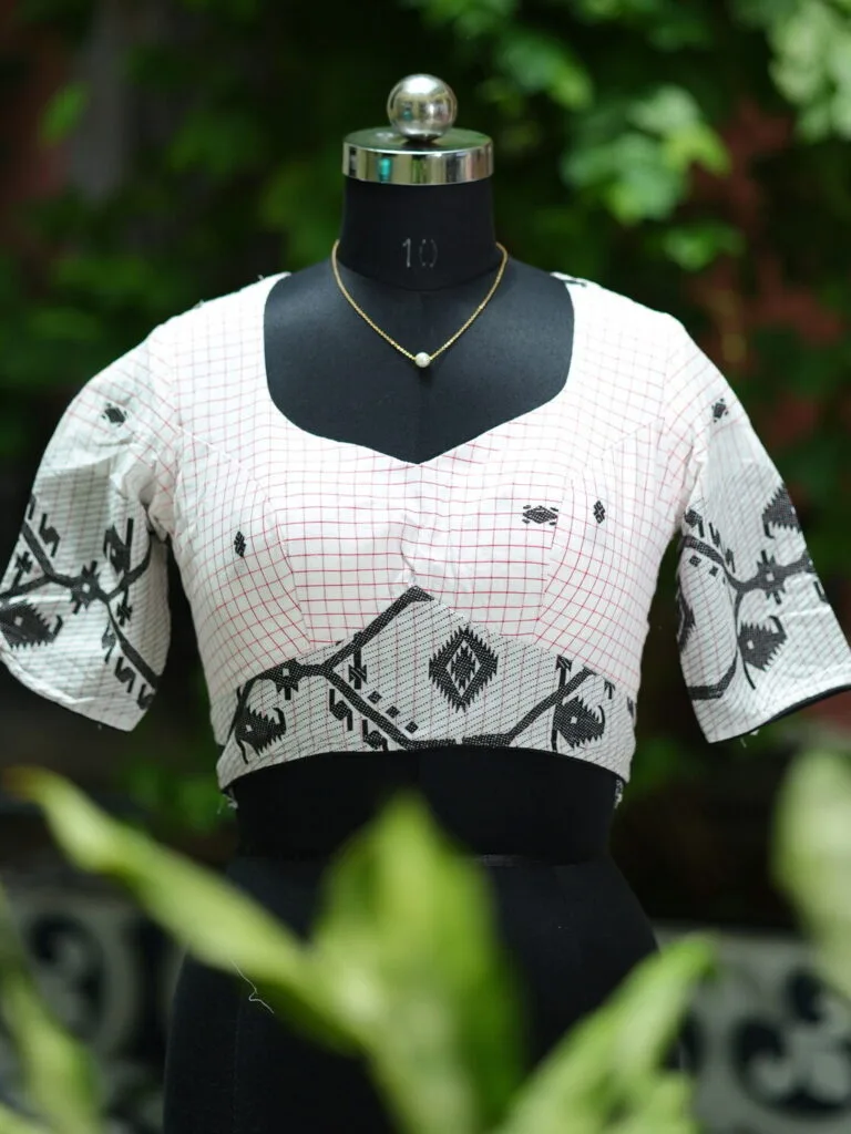 Jaharat jamdani – Blouse in white & black, front view | Tilattama