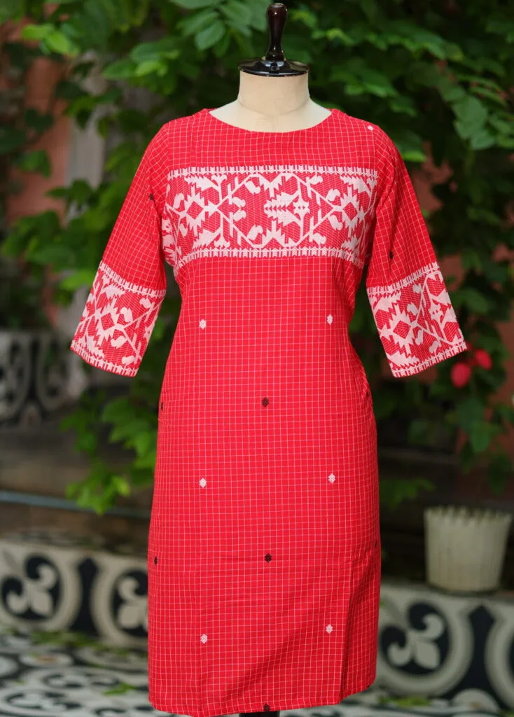 Jamdani Border One Piece - red
