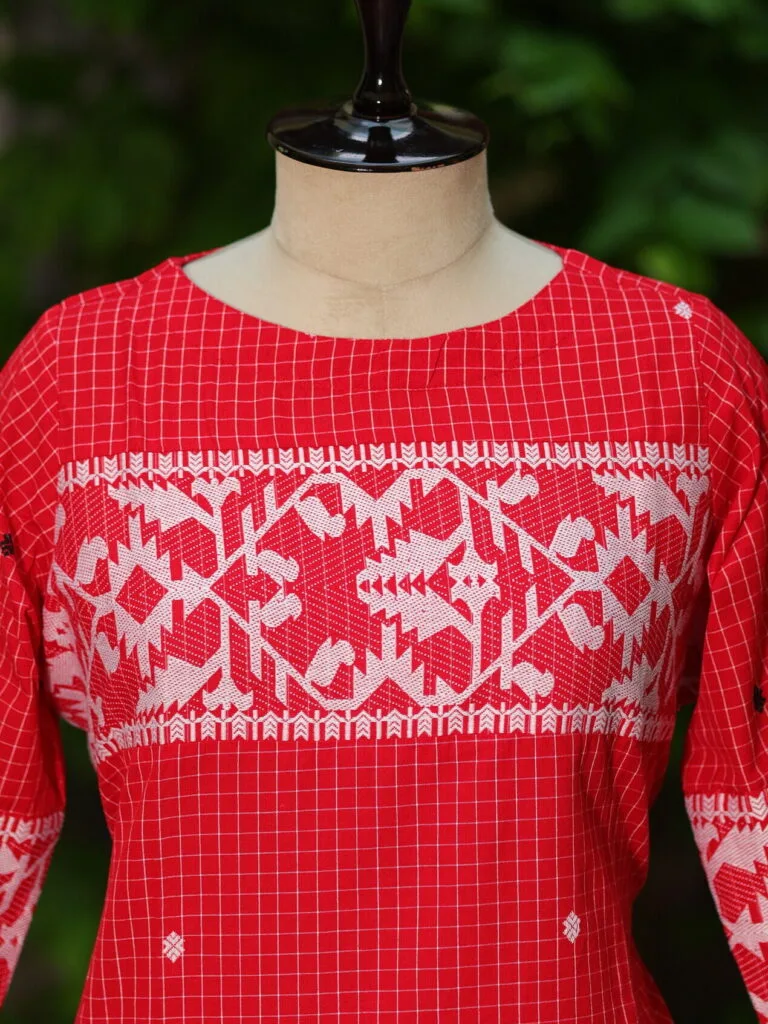 Jamdani Border One Piece - red