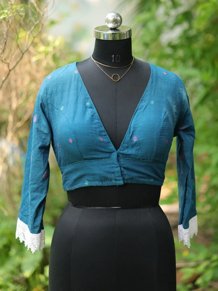 Jamdani Celeb 3/4th – Blouse in Rama green, front view | Tilattama