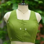 Jamdani Hakoba Halter – Blouse in parrot green, front view | Tilattama