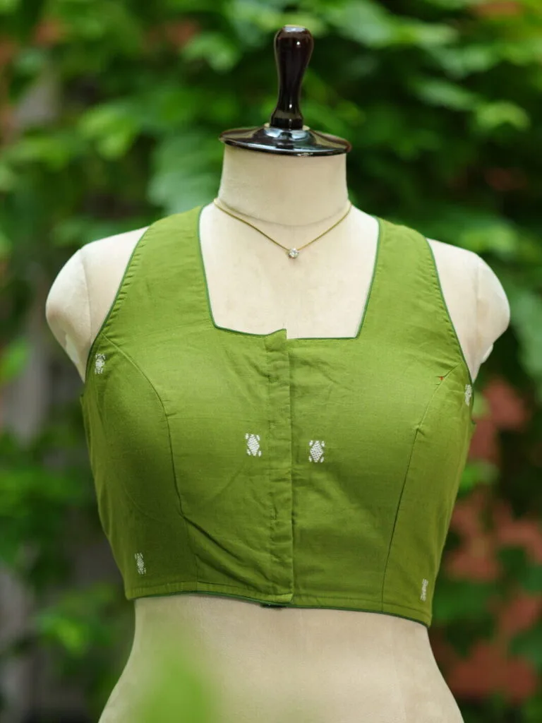 Jamdani Hakoba Halter – Blouse in parrot green, front view | Tilattama