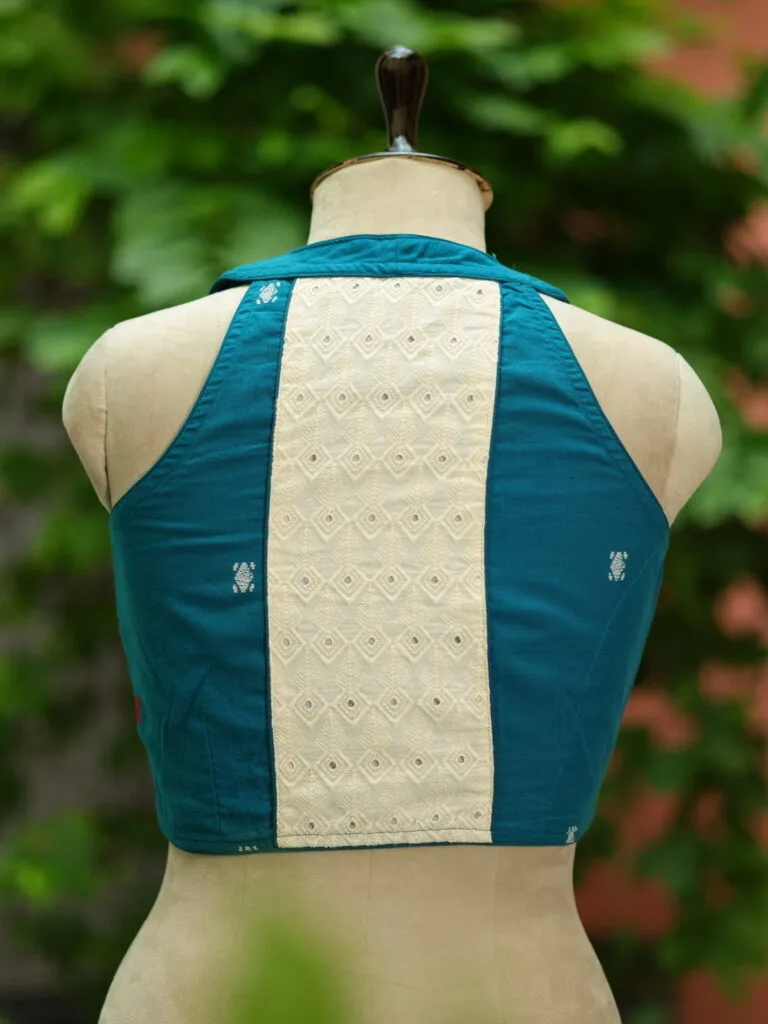 Jamdani Hakoba Halter – Blouse in Rama green, back view | Tilattama