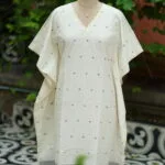 Jamdani Kaftan – Kurti in white & black, front view | Tilattama