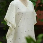 Jamdani Kaftan – Kurti in white & black, side view | Tilattama