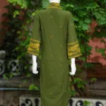 Jamdani Overlap V Kurti – Kurti in Mosh green, back view | Tilattama
