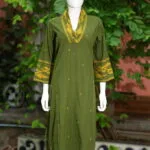 Jamdani Overlap V Kurti – Kurti in Mosh green, front view | Tilattama