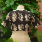 Kalamkari Boat V Neck – Blouse in Black, neckline | Tilattama