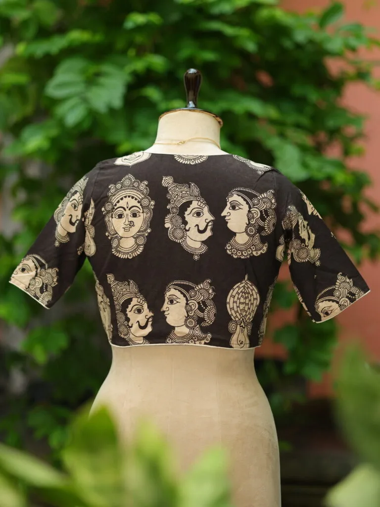 Kalamkari Boat V Neck – Blouse in Black, neckline | Tilattama
