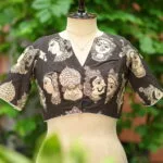 Kalamkari Boat V Neck – Blouse in Black, neckline | Tilattama