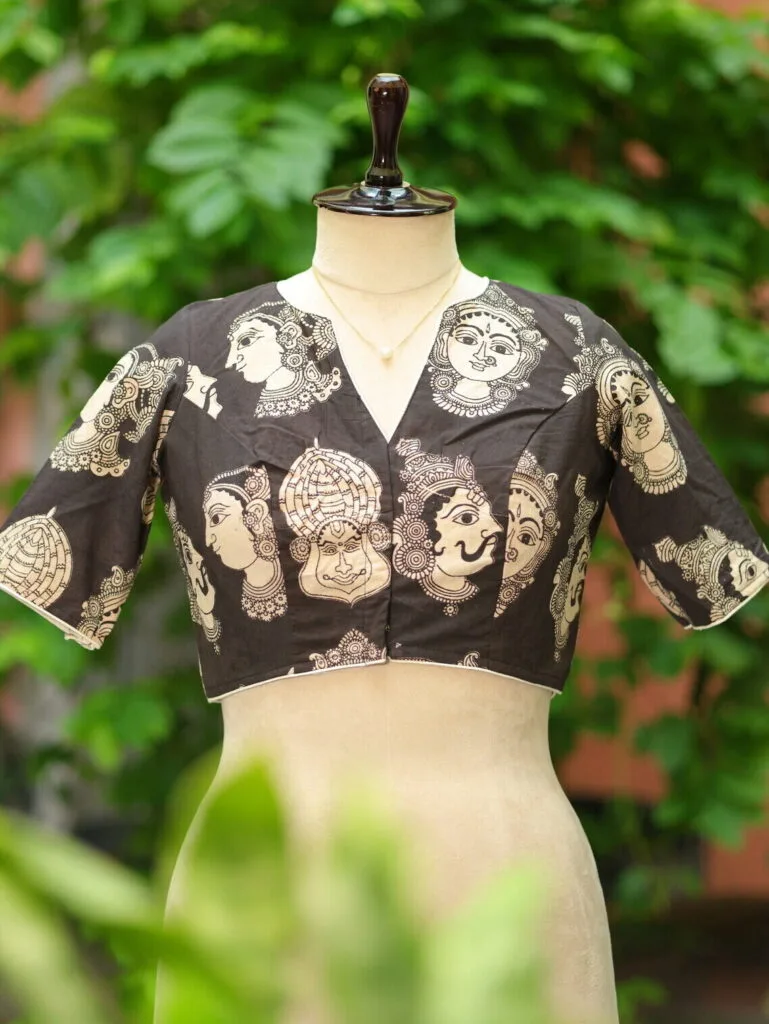 Kalamkari Boat V Neck – Blouse in Black, neckline | Tilattama