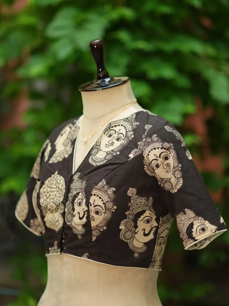 Kalamkari Boat V Neck – Blouse in Black, neckline | Tilattama