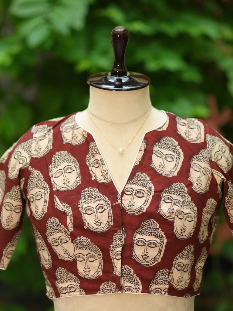 Kalamkari Boat V Neck - chocolate