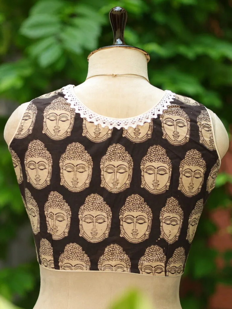 Kalamkari Square Neck S/L – Blouse in Black, neckline | Tilattama