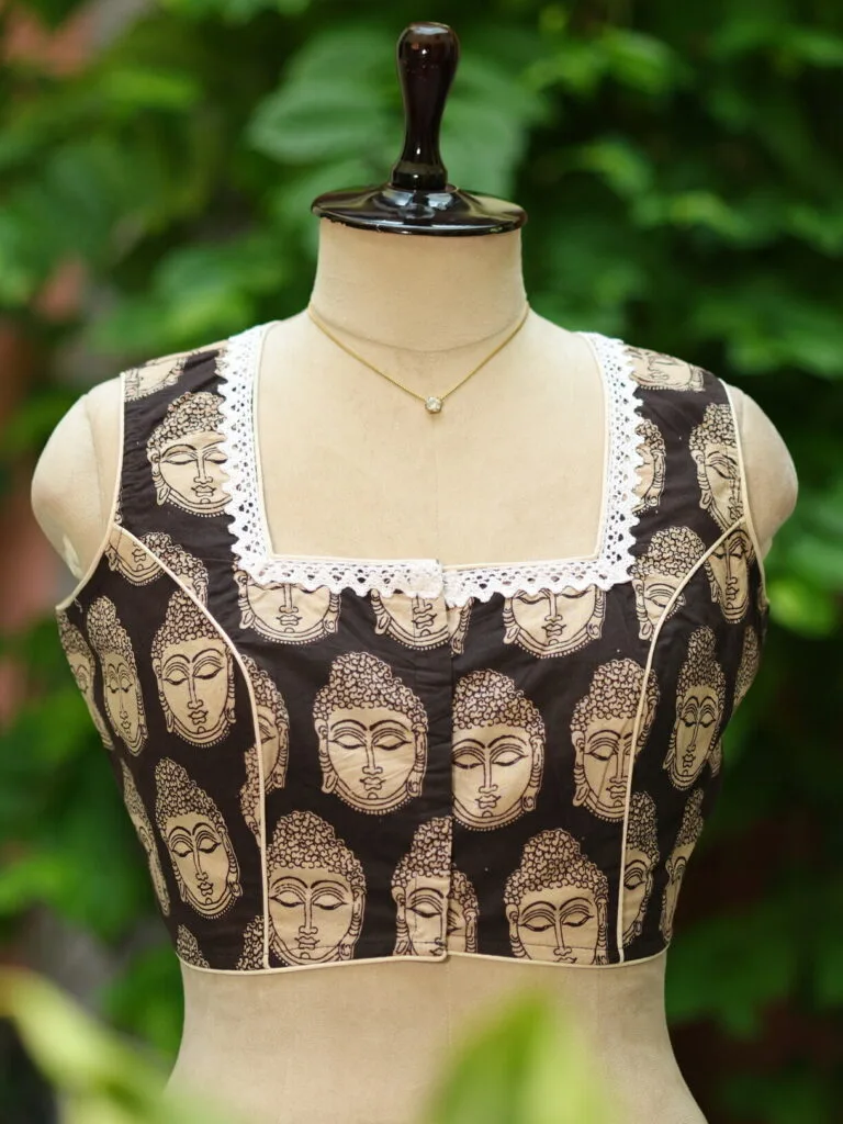 Kalamkari Square Neck S/L – Blouse in Black, neckline | Tilattama