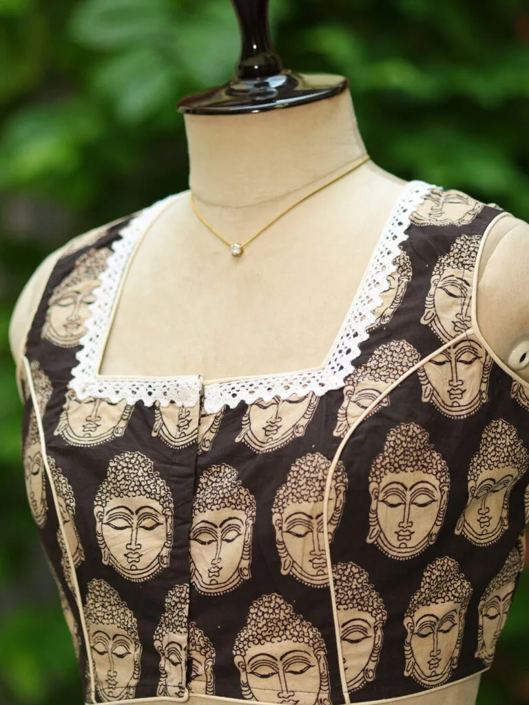Kalamkari Square Neck S/L – Blouse in Black, neckline | Tilattama