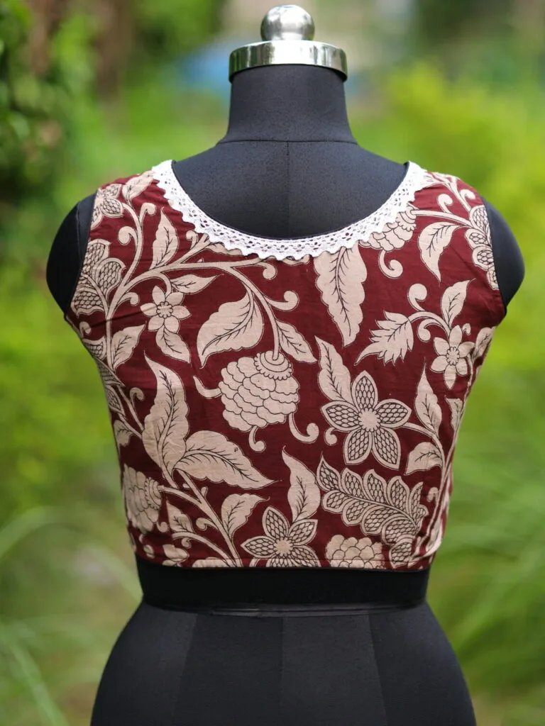 Kalamkari Square Neck S/L – Blouse in Chocolate, neckline | Tilattama