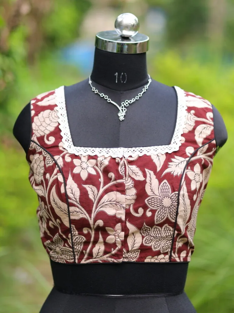 Kalamkari Square Neck S/L – Blouse in Chocolate, neckline | Tilattama