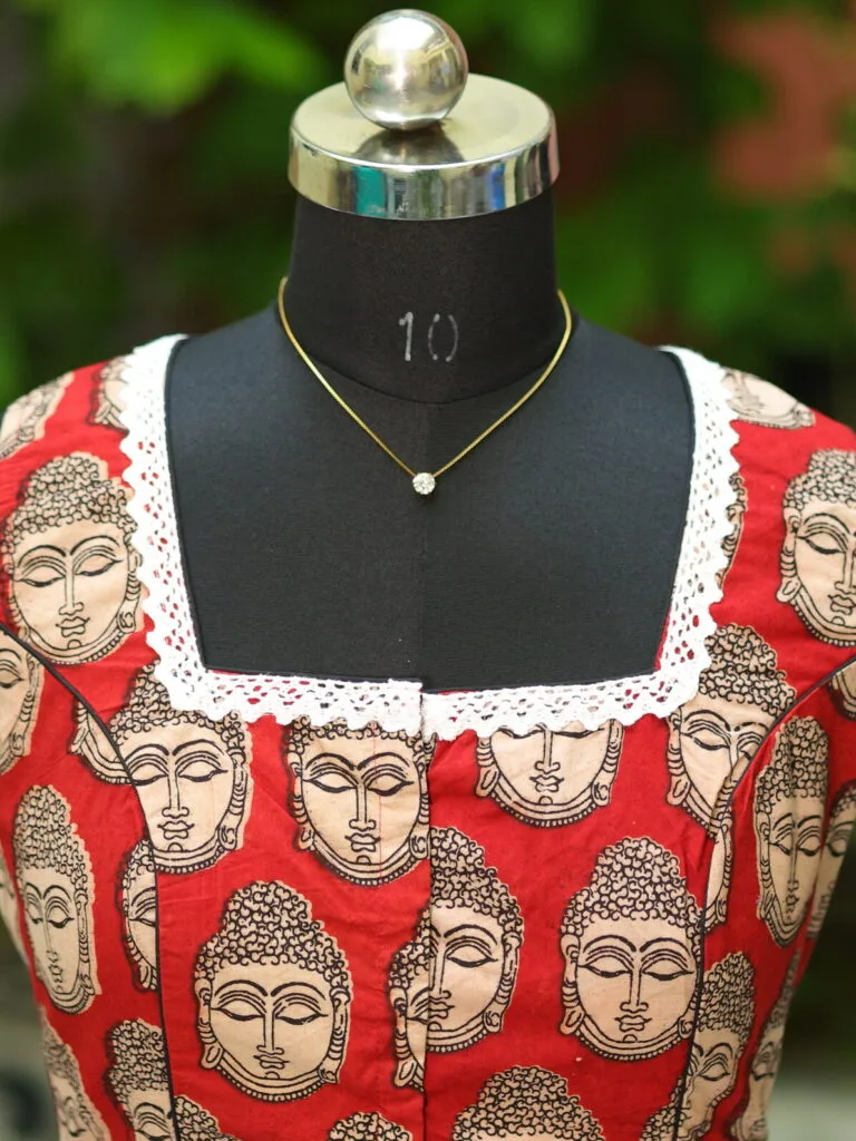 Kalamkari Square Neck S/L – Blouse in Maroon, neckline | Tilattama