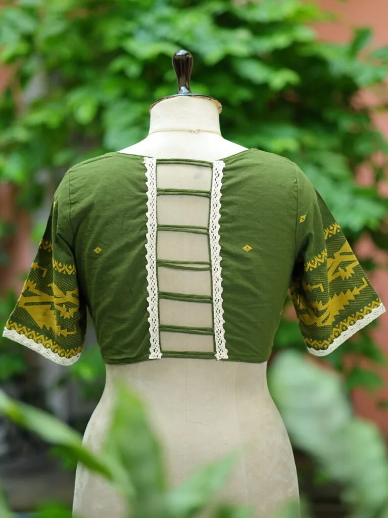 Karat Cord Jamdani – Blouse in Mosh green, back view | Tilattama