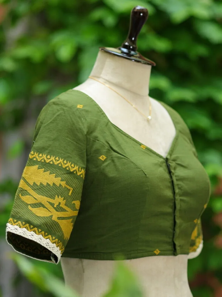 Karat Cord Jamdani – Blouse in Mosh green, side view | Tilattama