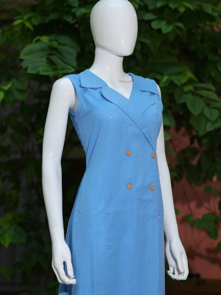 Khadi Blazer One Piece – Kurti in Powder Blue, side view | Tilattama
