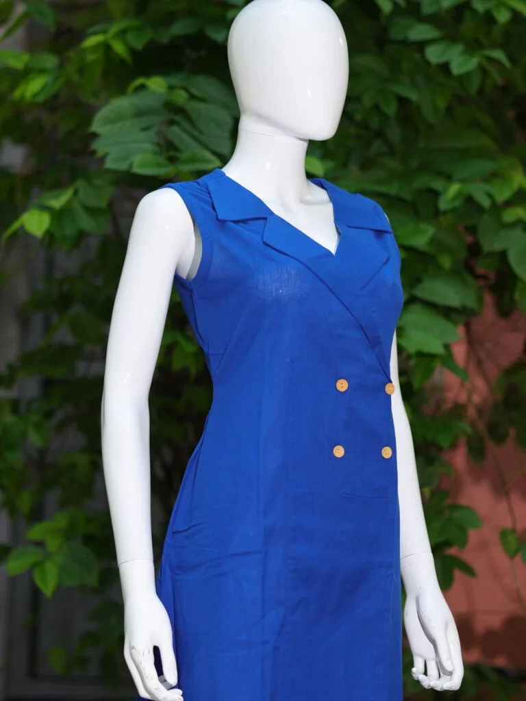 Khadi Blazer One Piece – Kurti in Royal Blue, side view | Tilattama