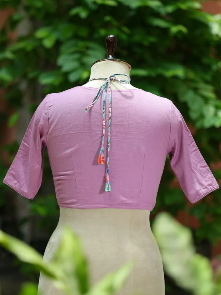 Khadi Sangeneri Masaba G/S – Blouse in Mauve, back view | Tilattama