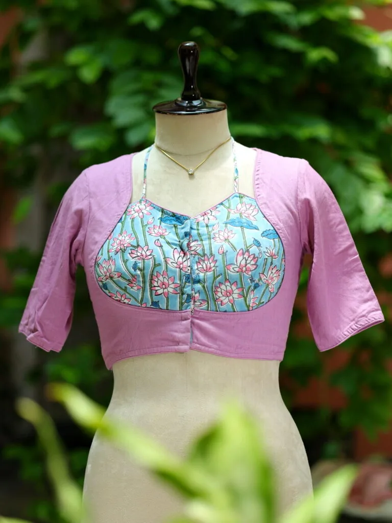 Khadi Sangeneri Masaba G/S – Blouse in Mauve, front view | Tilattama