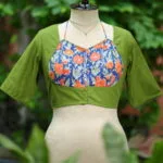 Khadi Sangeneri Masaba G/S – Blouse in Mosh green, front view | Tilattama