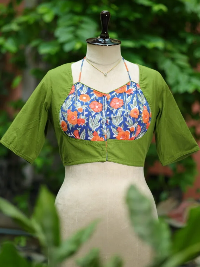 Khadi Sangeneri Masaba G/S – Blouse in Mosh green, front view | Tilattama
