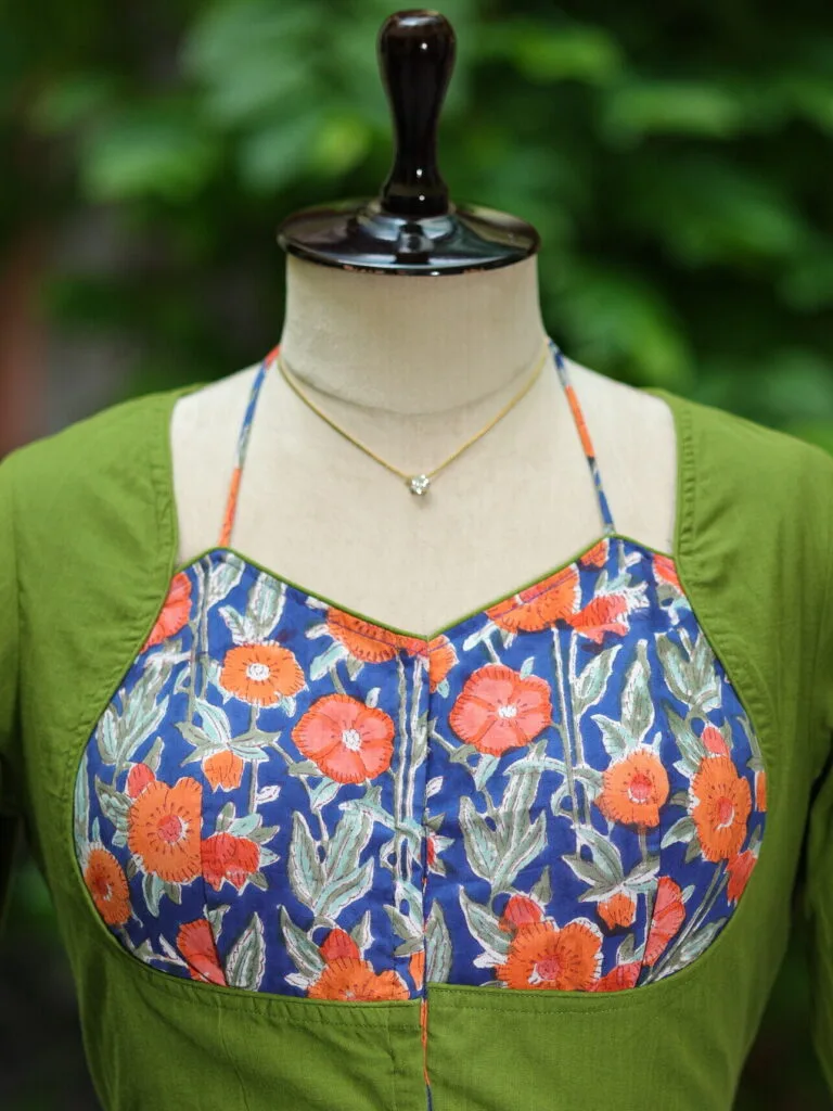 Khadi Sangeneri Masaba G/S – Blouse in Mosh green | Tilattama