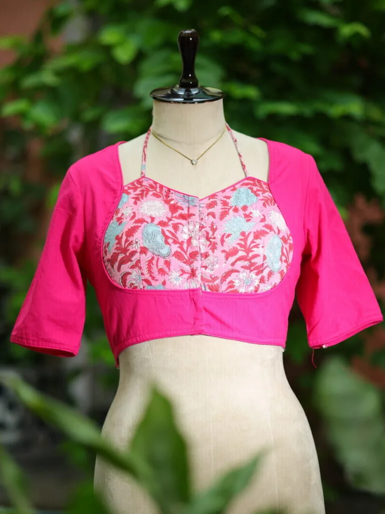 Khadi Sangeneri Masaba G/S – Blouse in Rani, front view | Tilattama