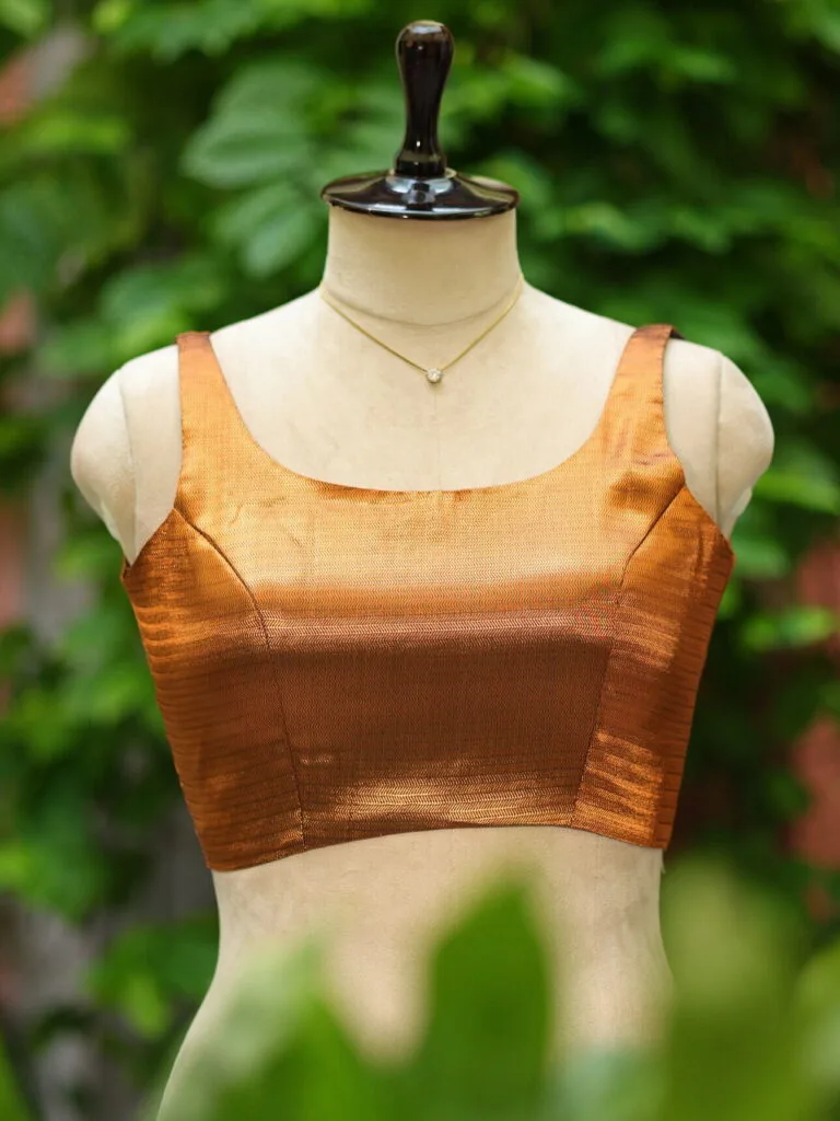 Metallic Raga Round Neck – Blouse in Copper, neckline | Tilattama