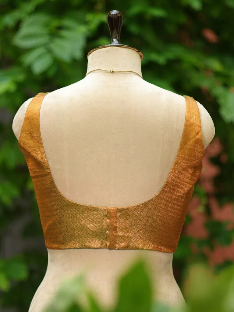 Metallic Raga Round Neck – Blouse in Metallic Mosh Green, neckline | Tilattama