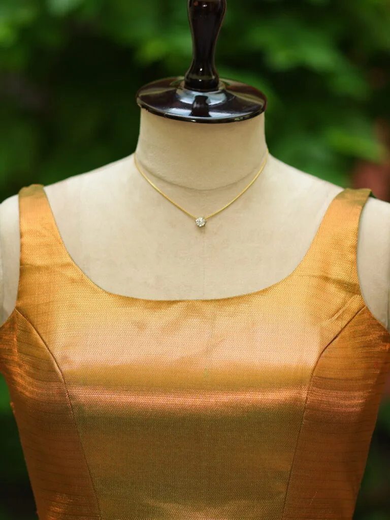 Metallic Raga Round Neck – Blouse in Metallic Mosh Green, neckline | Tilattama