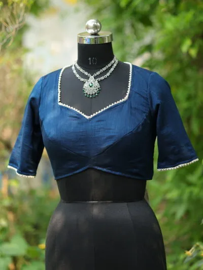 Moti Bichitra Backless – Blouse in Mid Night Blue, front view | Tilattama