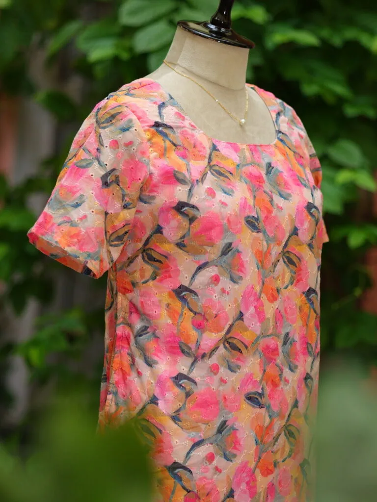 Multi Floral Chikan – Kurti in Blush pink, side view | Tilattama
