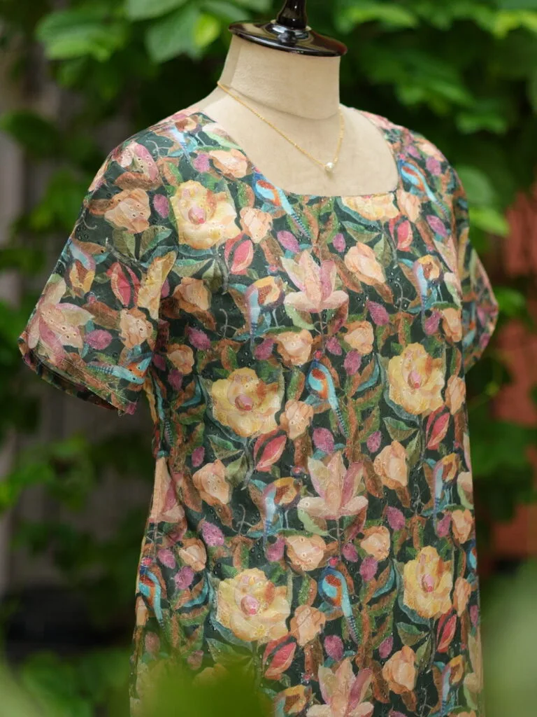 Multi Floral Chikan – Kurti in Green, side view | Tilattama