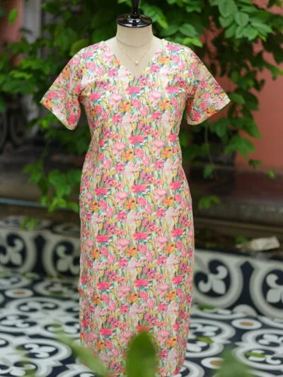 Multi Floral Chikan – Kurti in rainbow, front view | Tilattama