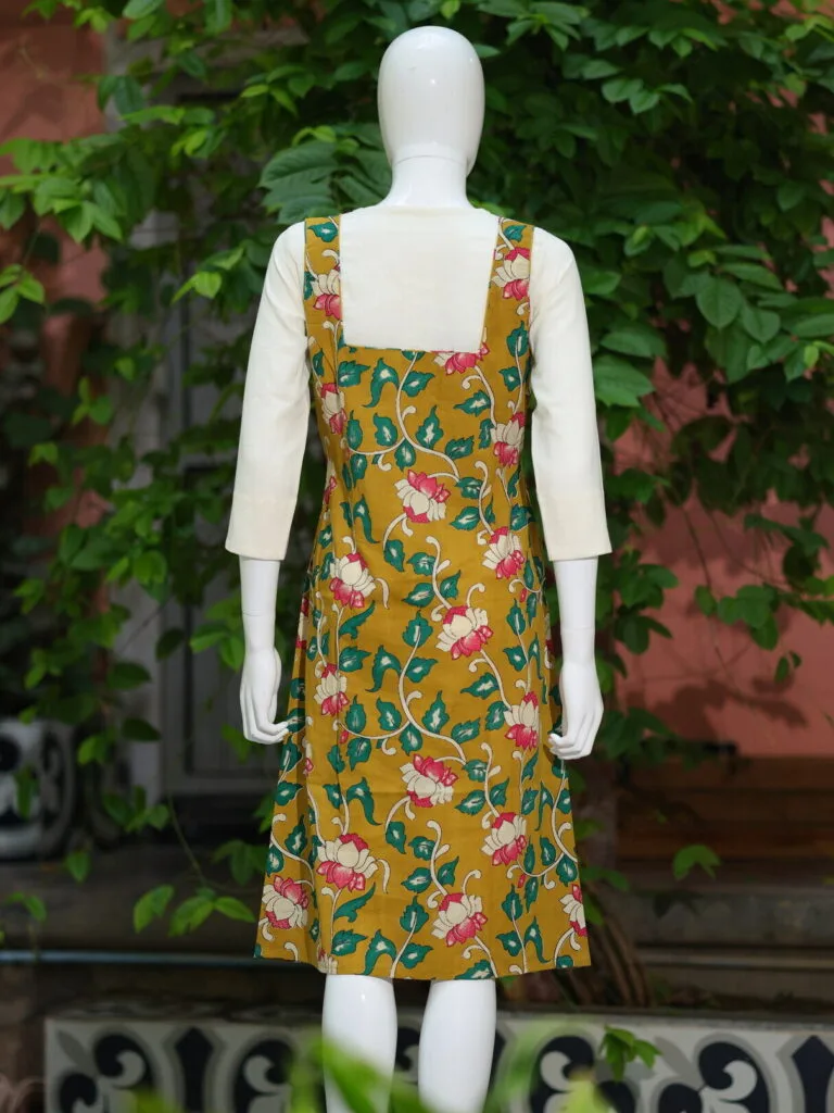 Pen Kalamkari Baby Collar One Piece – Kurti in Neon Pista, back view | Tilattama