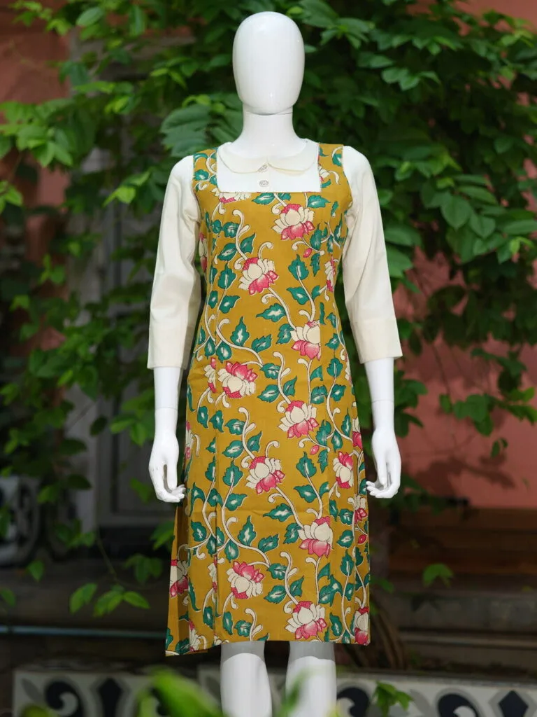 Pen Kalamkari Baby Collar One Piece – Kurti in Neon Pista, front view | Tilattama