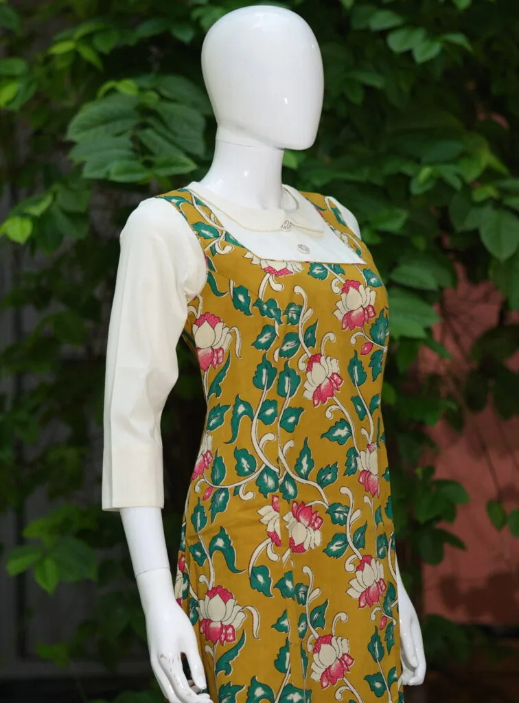 Pen Kalamkari Baby Collar One Piece – Kurti in Neon Pista, side view | Tilattama