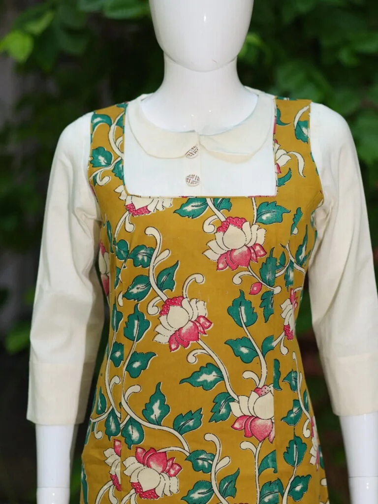 Pen Kalamkari Baby Collar One Piece – Kurti in Neon Pista | Tilattama