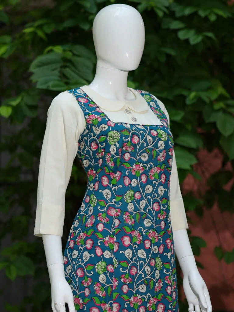 Pen Kalamkari Baby Collar One Piece – Kurti in Rama green, side view | Tilattama
