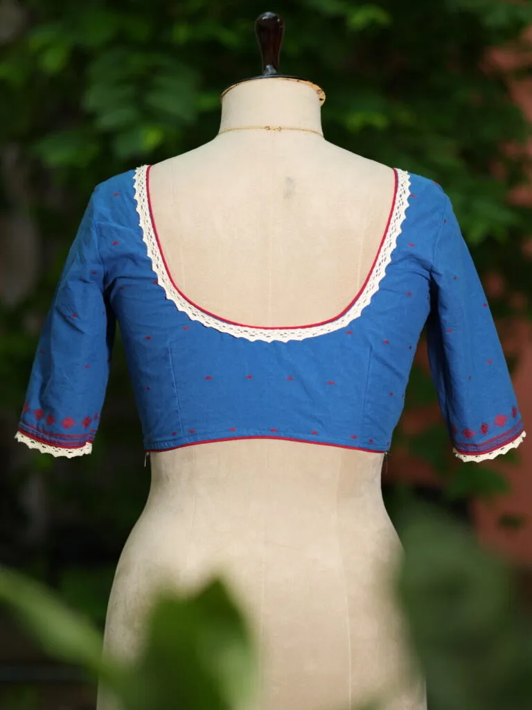 Pen Kalamkari Mumtaz  G/S – Blouse in Blue, back view | Tilattama