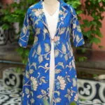 Pen Kalamkari Shrug Co-Ord Set – Co-ord in Blue, front view | Tilattama