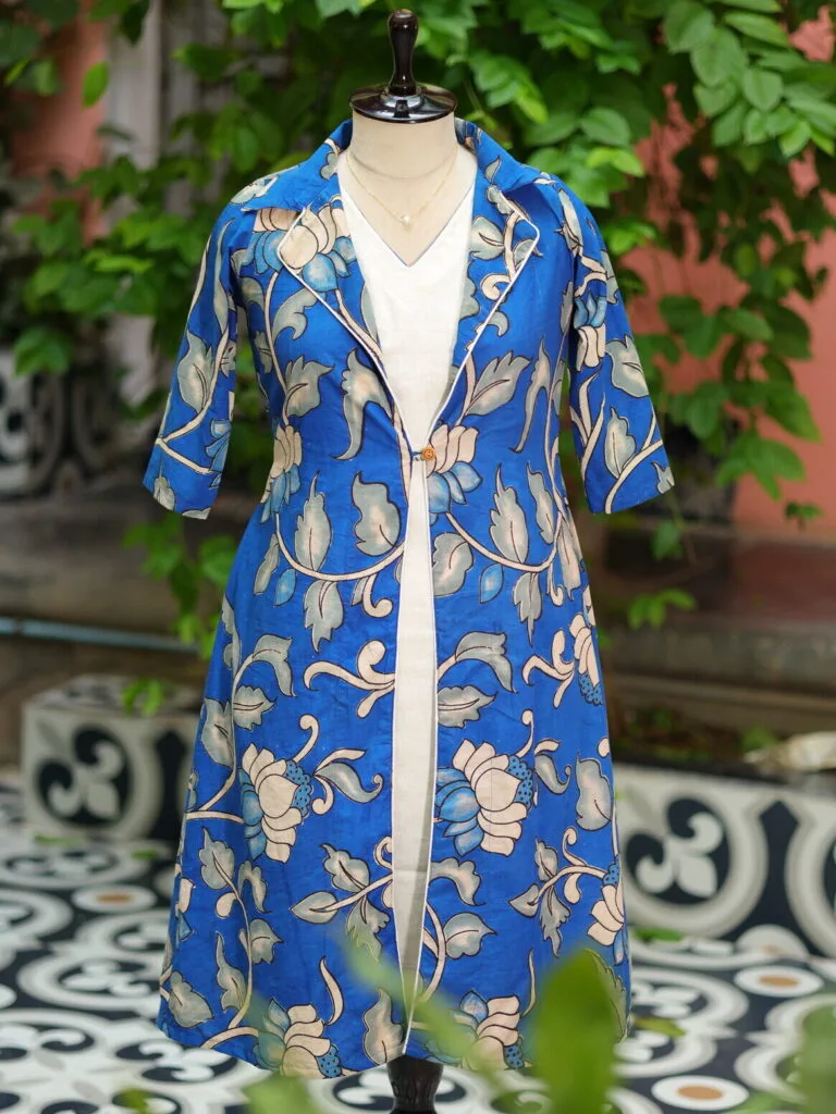 Pen Kalamkari Shrug Co-Ord Set – Co-ord in Blue, front view | Tilattama
