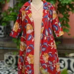 Pen Kalamkari Shrug Co-Ord Set – Co-ord in Red, front view | Tilattama
